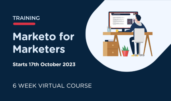 An illustrated graphic displaying the details of JTF Marketing's Marketo virtual training. Marketo for Marketers, starts 17th October 2023. 6 week online course.